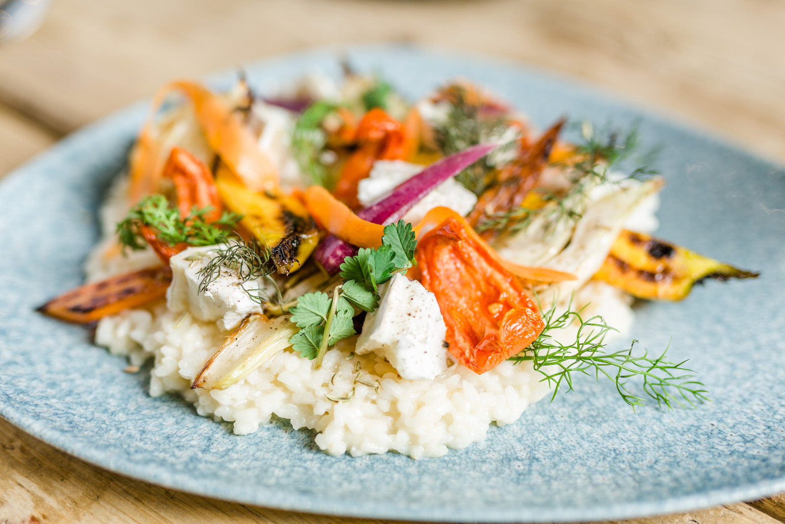 Serviervorschlag Risotto mit gereiftem französischen Ziegenkäse, Karotten, Fenchel und getrockneten Tomaten